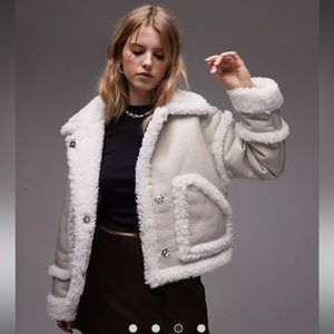 Topshop faux leather cropped car coat with faux fur trim in white